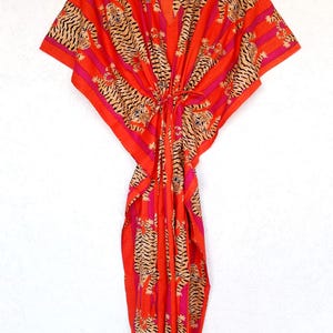 Tiger Printed Cotton Kaftan Dress: Beach Cover Up Kimono Robe Sleepwear Maxi Caftan