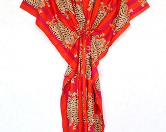 Abito caftano in cotone con stampa tigrata: copricostume da spiaggia, kimono, vestaglia, pigiama, caftano lungo