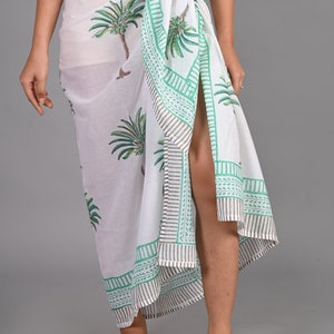 Hand Block Printed Cotton Sarong: Palm Tree Print Beach Scarf