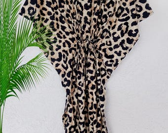 Leopard Print Cotton Kaftan Dress: Beach Cover Up Kimono Robe