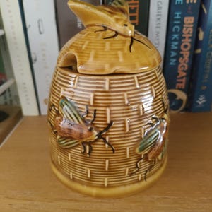 Può includere: Un vasetto di miele in ceramica con coperchio, con un design a forma di alveare e insetti in rilievo. Il vasetto è di colore marrone caldo con una superficie strutturata. Il coperchio ha una maniglia a forma di ape. Un oggetto decorativo per la cucina.