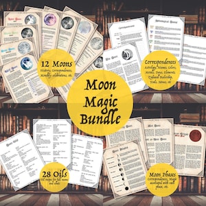 May include: A printable Moon Magic Bundle with 12 Moons, 28 Oils, and Moon Phases. The bundle includes information on history, correspondences, monthly celebrations, oil recipes, and magic associated with each phase of the moon.