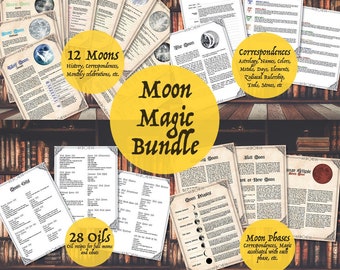 May include: A printable Moon Magic Bundle featuring 12 Moons, 28 Oils, and Moon Phases. The bundle includes information on history, correspondences, monthly celebrations, oil recipes, and magic associated with each phase of the moon.