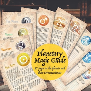 Könnte beinhalten: Ein Satz druckbarer Seiten mit Aquarell-Illustrationen von Planeten und ihren astrologischen Symbolen. Die Seiten sind mit "Planetary Magic Guide" betitelt und enthalten Text über die Planeten und ihre Korrespondenzen.