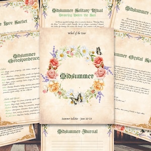 May include: A collection of printable pages with a floral design and text about Midsummer rituals, spells, and correspondences. The pages include titles like "Midsummer Solitary Ritual", "Midsummer Wand Lore", "Midsummer Love Sachet", "Midsummer Crystal Spell", and "Midsummer Correspondence".