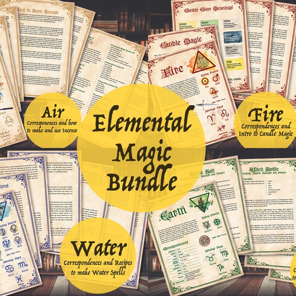 Elemental Magic 28 pgs PDF Printable Download, Alchemy Fire Air Water Earth Pagan Witch Magic Wicca Kit How To Grimoire Alchemical Spells