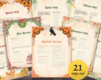May include: A collection of 21 printable recipe cards for making oils and incense for different pagan holidays. The cards feature hand-drawn illustrations and text in a vintage style.