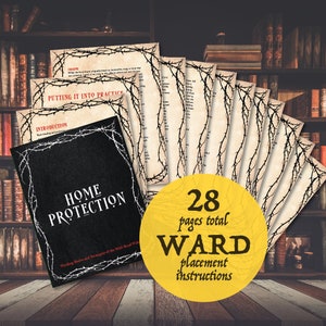 May include: A black book titled "Home Protection: Warding Basics and Strategies of the Wild-Read Witch" with a white barbed wire border. The book is surrounded by 28 pages of ward placement instructions, each with a barbed wire border. The text on the pages is in a vintage style font. The book and pages are on a wooden surface.