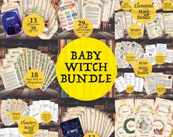 May include: A yellow circle with the text "BABY WITCH BUNDLE" in black text. The image is a collage of various pages with information about witchcraft, including herbs, moon phases, planets, and spells. There are 13 lessons for beginners, 263 pages total.