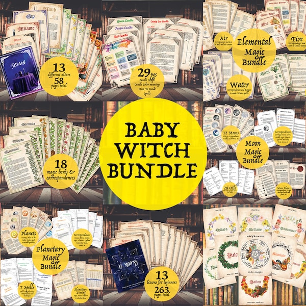 BABY WITCH Bundle PDF Descarga imprimible, 458 páginas Grimorio Bruja Pagana Magia Wicca Libro de Sombras Aceites Brujería Hechizos Clase de Rituales