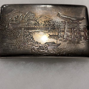 1947 Vintage Sterling silver Seoul, Korea cigarette holder with beautiful scene outside and in with mixed metals inlay 5” x 3” 148.49g