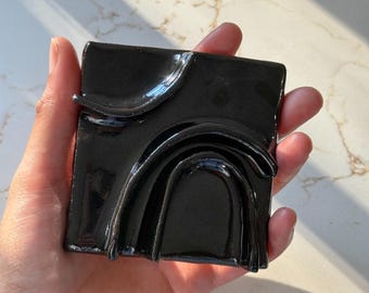 Set of 4- Handmade Tiles – Glossy Licorice Black, Stoneware Wall Decor - One-of-a-Kind