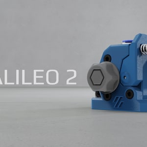 May include: A blue and gray 3D printed device with a spring and a hexagonal knob. The device is labeled "GALILEO 2".
