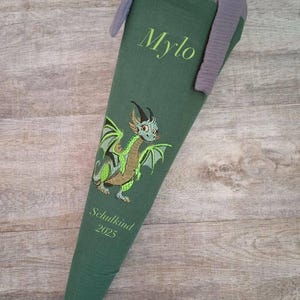 Personalisierte Schultüte aus Musselin mit Name – Stoffbezug 70 cm – Grün-Grau mit Drache – Ohne Papprohling – Geschenk zur Einschulung