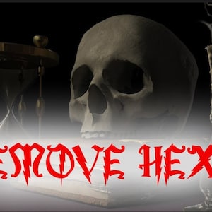 Może przedstawiać: Książka z napisem "REMOVE HEX!" w czerwonym, gotyckim stylu czcionki. W tle widoczne są czaszka, klepsydra i świeca.