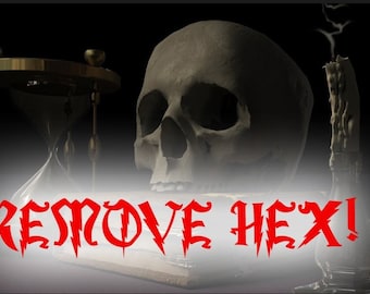 May include: A red, gothic-style font reads "REMOVE HEX!" on a book with a skull, an hourglass, and a candle in the background.