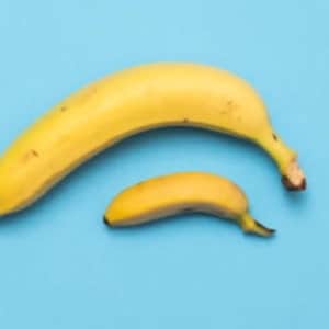 May include: Two yellow bananas on a light blue background. One banana is significantly larger than the other. The bananas are ripe and have brown spots. The background is a solid, light blue color.