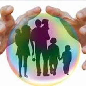 May include: Two hands reach out to protect a family of five silhouettes inside a colourful bubble. The family includes a couple, a child being held by the mother, and two other children.