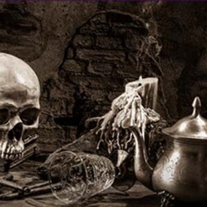 May include: A still life image featuring a human skull, a silver teapot, a glass, and a candle with dripping wax. The objects are arranged on a dark, textured surface.