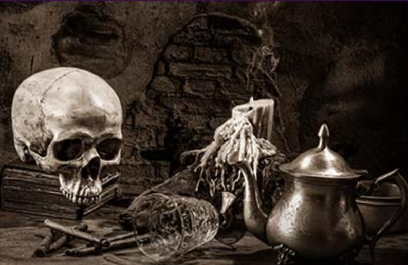 May include: A still life image featuring a human skull, a silver teapot, a glass, and a candle with dripping wax. The objects are arranged on a dark, textured surface.