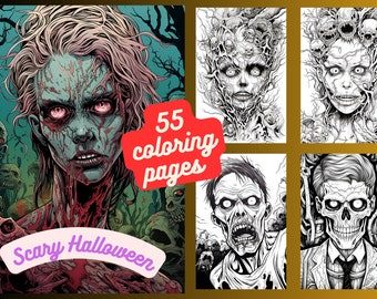 55 Pages Zombie PDF Coloring Book, Printable Creepy Zombie Coloring Pages, Grayscale Halloween Coloring Book for Adults, Skeleton Coloring