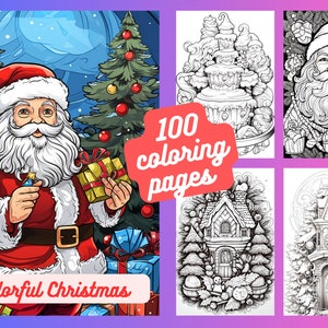 100 Pages Christmas PDF Coloring Book, Printable Xmas Santa Claus Coloring Pages, Grayscale Christmas Coloring Book for Adults and Kids