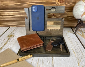 Personalized Wood Desktop Valet For Him - Docking Station, Phone and Tablet Docking Station, iPhone and Apple Watch Charging Stand