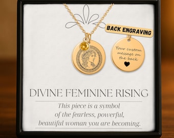 Personalized Goddess Coin Necklace | Medusa Athena Icon, Birthstone, Mythology Keepsake (Custom Engraving)
