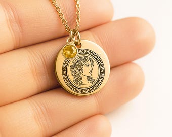 Gold Medusa Coin Necklace with Birthstone |Mythology Pendant, Greek Gorgon Amulet, Personalized Jewelry, Feminine Power, Modern Goddess Gift