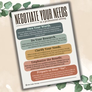 Peut inclure: Une infographie colorée avec des conseils sur la façon de négocier vos besoins dans un cadre professionnel. L'infographie présente cinq étapes : Affirmer sa valeur, Faire ses recherches, Clarifier ses besoins, Mettre en avant les avantages et Se préparer à entendre "Non".