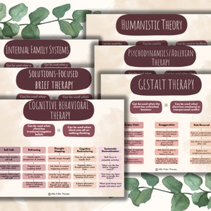 May include: A printable chart with a light brown background and green watercolor leaves. The chart lists different types of therapy and their uses, including Internal Family Systems, Solutions-Focused Brief Therapy, Cognitive Behavioral Therapy, Humanistic Theory, Psychodynamics/Adlerian Therapy, and Gestalt Therapy.