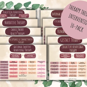May include: A set of 10 printable therapy theory and intervention posters. The posters are in a light pink, brown, and white color scheme with watercolor accents. The posters feature the names of different therapy theories, such as Dialectical Behavioral Therapy, Narrative Therapy, and Cognitive Behavioral Therapy.