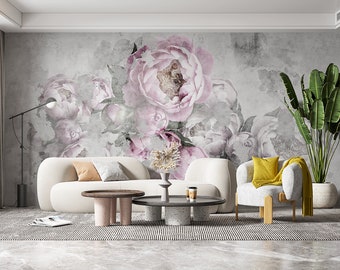 Papier Peint Intissé Panoramique Fleur de Pivoine Rose et Gris - Toison Mur XXL - Décoration murale - Wall Paper - Poster Géant 3D