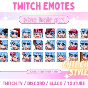 24 Cute Blue Hair Girl Twitch Discord Slack Youtube Emotes Pack