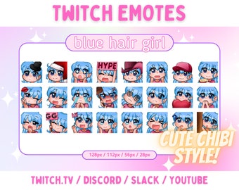 青い髪の少女 - Twitch Discord Slack 用のかわいい絵文字 24 個パック