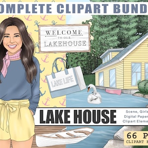 Lake House Clipart Kit, Complete Planner Art Bundle, Fashion Girl PNG, Erin Condren, Digitale Papers, Lente Sublimatie, Black Girl Clipart