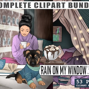 Rain on my Window Clipart Bundle, Autumn Planner Printable Stickers, Rainy Day Cosy PNG, Black Fashion Girl, Winter Weather, Cat Cuddles