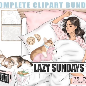 Lazy Sundays complete planner clipart kit bundel, ontspannende handgetekende png-illustratie, zwarte mode meisje clipart, erin Condren digitaal