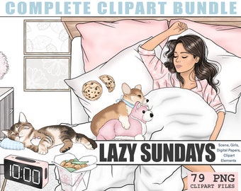 Lazy Sundays Complete Planner Clipart Kit Bundle, Relaxing Hand Drawn PNG Illustration, Black Fashion Girl Clipart, Erin Condren Digital