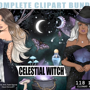 Celestial Witch complete planner clipart kit bundel, Witchy Girl png illustratie, Wicca Fantasy Fashion Girl clipart, afdrukbare stickers