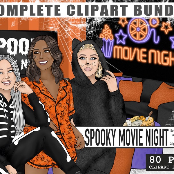 Spooky Movie Night Clipart Bundle, Printable Planner Stickers, Halloween PNG, Haunted House Planning Graphics, Cute Black Fashion Girl Art