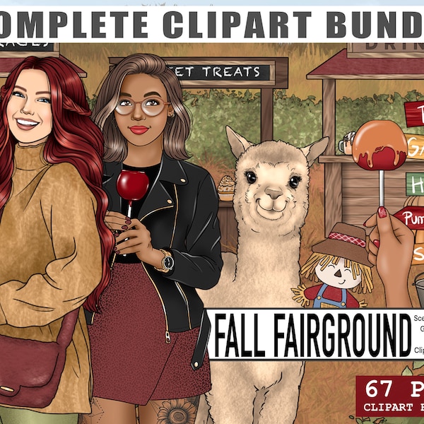 Fall Fairground Clipart Bundle, Autumn Planner Printable Stickers, Alpaca Pumpkin PNG, Black Fashion Girl, Erin Condren kit, Digital Papers