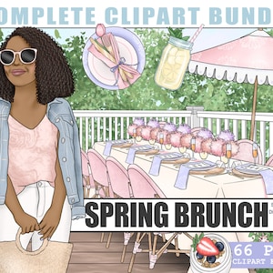 Spring Brunch Complete Planner Clipart Kit Bundle, Breakfast Hand Drawn PNG Illustration, Black Fashion Girl Clipart, Erin Condren Digital