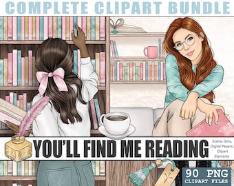 Reading Complete Planner Clipart Kit Bundle, Bookworm Bookish PNG Illustration, Library Black Fashion Girl Clipart, Erin Condren Digital