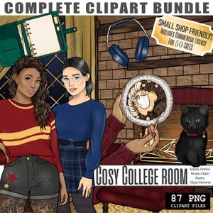 Acogedor clipart de estudiante universitario, conjunto de arte de planificador de invierno, archivos de sublimación de chica de moda de estudio universitario, lindos archivos cricut de pegatinas imprimibles
