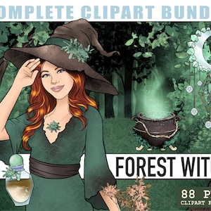 Forest Witch complete planner clipart kit bundel, Witchy Girl png-afbeeldingen, Wicca Fantasy Fashion Girl clipart, Faerie afdrukbare stickers