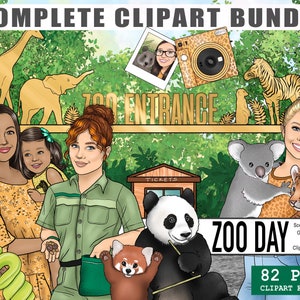 Dierentuin clipart, babydieren png, planner kit bundel, olifant tijger panda koala sublimatie, mode meisje clipart, zebra afdrukbare stickers