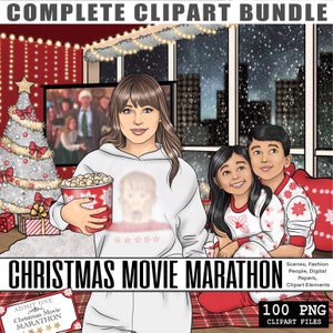 Bundle de cliparts marathon film de Noël, Couple de Noël mignon PNG, graphiques de Sublimation de vacances, fille de mode de planificateur, autocollants imprimables d'hiver