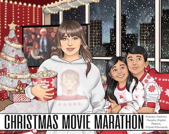 Christmas Movie Marathon Clipart Bundle, Cute Xmas Couple PNG, Holiday Sublimation Graphics, Planner Fashion Girl, Winter Printable Stickers