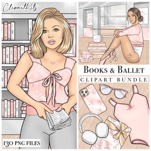 Boeken en ballet planner clipart kit bundel, boekenwurm leesgrage PNG illustratie, bibliotheek lezen mode meisje clipart, erin Condren digitaal